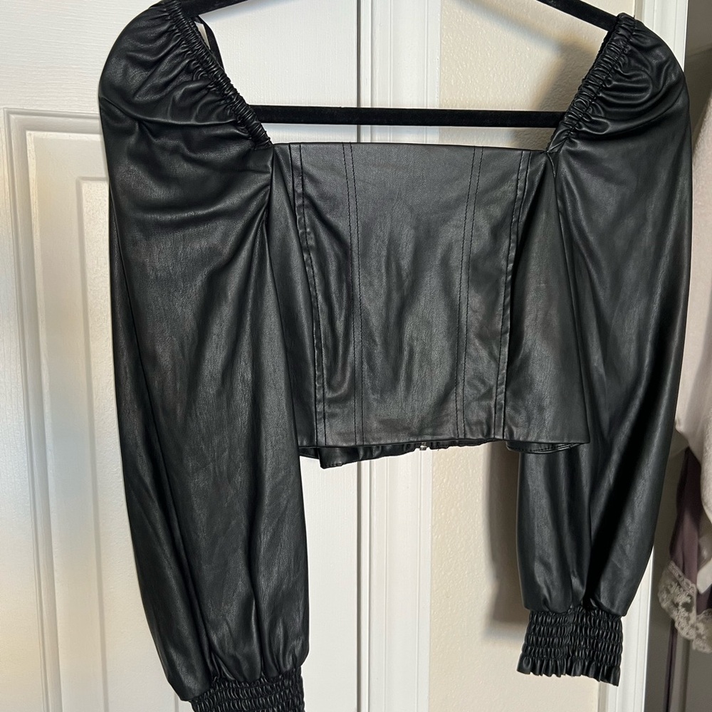 7 For All Mankind Black Faux Leather Blouse